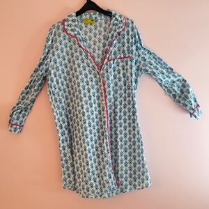 Blue and White Patterned Nightshirt with Red Trim Cotton PJs